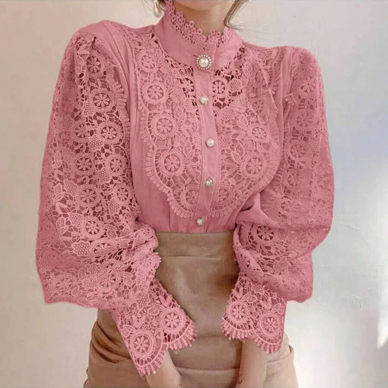 2025 French Style Spring Women Blouse Office Lady Flower Blouse Hollow Out Lace Stand Collar Button Shirt Female Clothing 12419 - Smarsty
