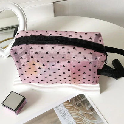 Heart Shaped Nylon Mesh Cosmetic Bag Zipper Organizer - Smarsty