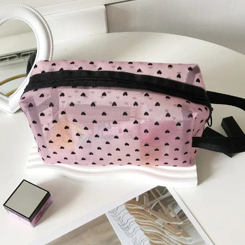 Heart Shaped Nylon Mesh Cosmetic Bag Zipper Organizer - Smarsty
