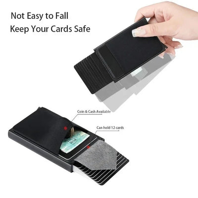 Men's Slim Mini RFID Wallet Aluminum Automatic Pop Up Card Case with Elastic Back Pouch, ID Credit Bank Card Holder Purse - Smarsty