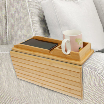 Couch Cup Holder Bamboo Wood Sofa Armrest Tray Foldable Sofa Cup Holder Anti-Slip Couch Arm Cup Holder Sofa Side Storage Tray by Smarsty