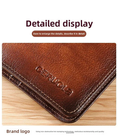 Men Wallet Genuine Leather Rfid Blocking Trifold Wallet Vintage Thin Short Multi Function ID Credit Card Holder Male Purse Money