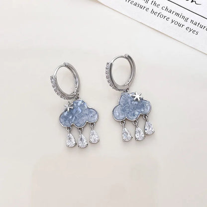 Elegant Blue Cloud Drop Earrings with Colorful Rain Tassel - Smarsty