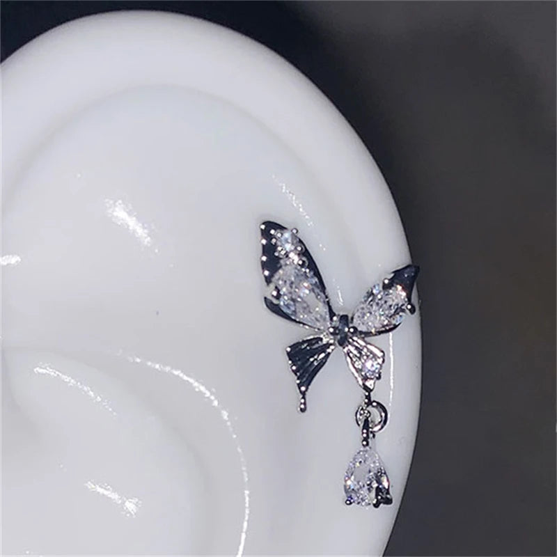 Stainless Steel Ear Cuff With Rhinestone Wing Sparkle - Smarsty