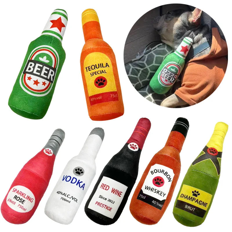 Funny Plush Dog Beer Bottle Squeaky Chew Toy - Smarsty