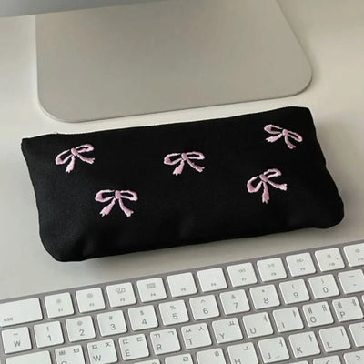 Elegant Bow Embroidery Cosmetic Bag Canvas Pen Case - Smarsty
