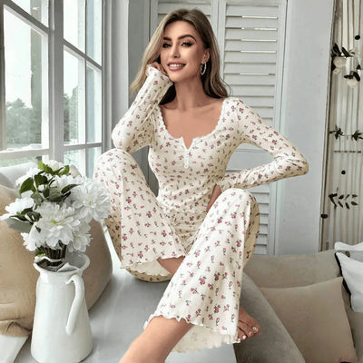 Sleepwear Women Floral Print Lettuce Trim Top with Long Pant Lovely Loungewear Full Sleeve Nightwear Spring Autumn Pajamas Set - Smarsty