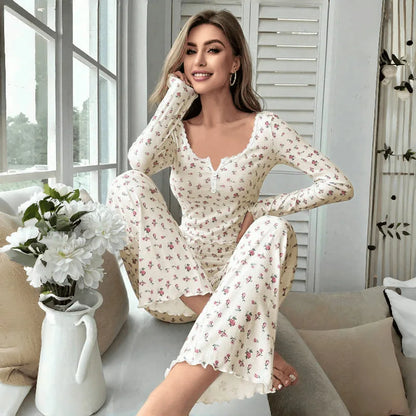Sleepwear Women Floral Print Lettuce Trim Top with Long Pant Lovely Loungewear Full Sleeve Nightwear Spring Autumn Pajamas Set - Smarsty