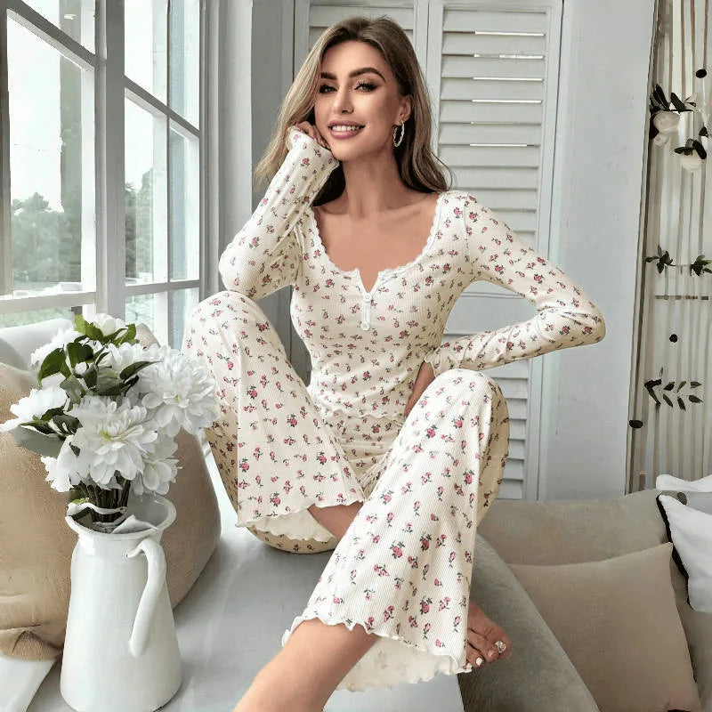 Sleepwear Women Floral Print Lettuce Trim Top with Long Pant Lovely Loungewear Full Sleeve Nightwear Spring Autumn Pajamas Set - Smarsty