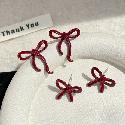 Retro Red Bow Stud Earrings For Women Elegant Lightweight - Smarsty