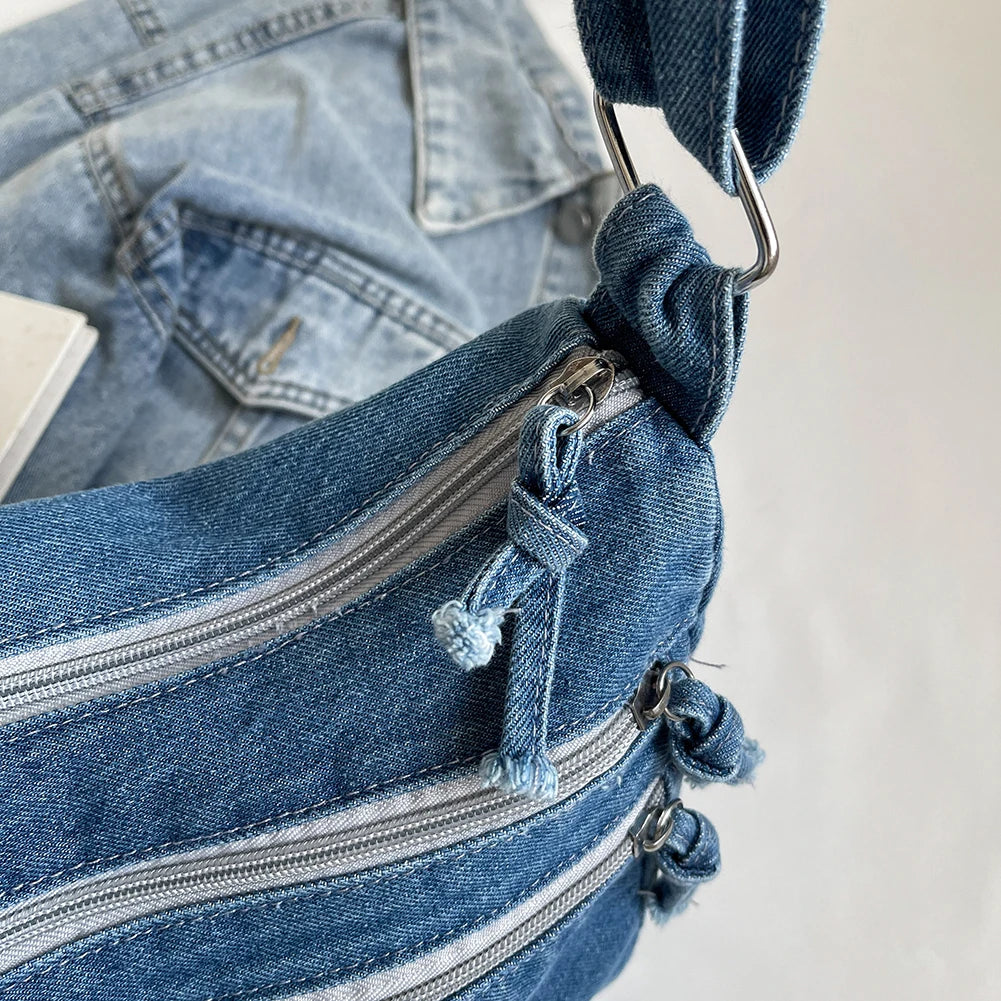 Vintage Denim Shoulder Bag Large Capacity Satchel For Women - Smarsty
