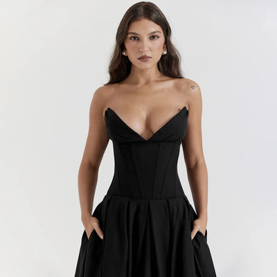 Suninheart Black Elegant Wedding Events Dress Sexy Strapless Corset Dress Midi Christmas Party Dresses for Women Clothing 2023 - Smarsty
