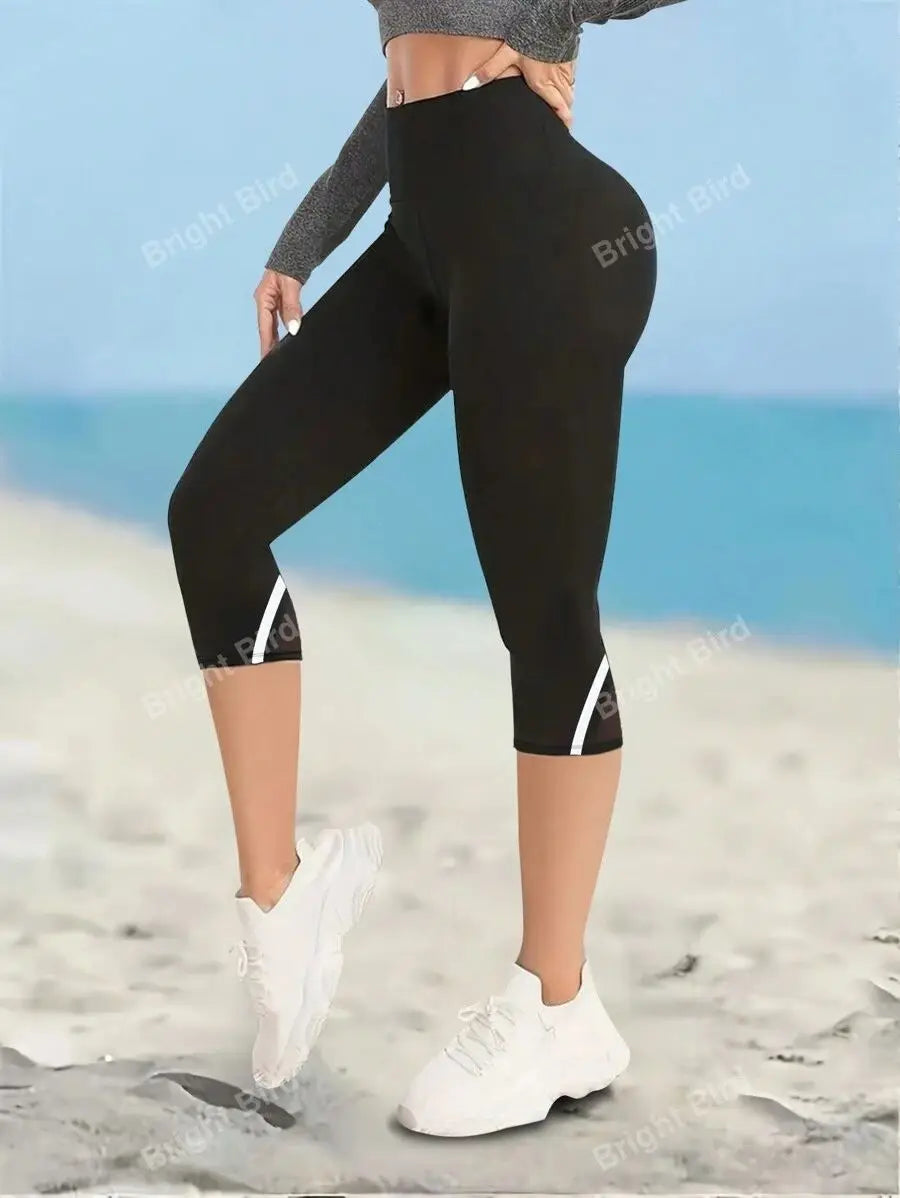 Mesh High Waist Yoga Pants Capri Leggings For Women, Tummy Control Workout Capri Leggings, Women's Activewear - Smarsty