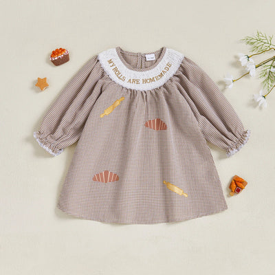 Thanksgiving Turkey Embroidered Plaid Dress with Peter Pan Collar and Long Sleeves for Girls - Festive Fall Outfit for Kids