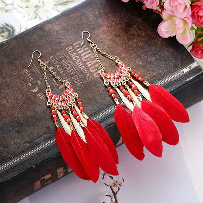 Bohemian Feather Dangle Earrings with Colorful Tassels - Smarsty