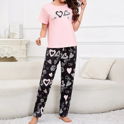 Women's Short Sleeve Crew Neck Top With Shorts And Pants 3 Piece Loungewear Sleepwear Lounge Sets Nighty Print Casual Pajama Set - Smarsty