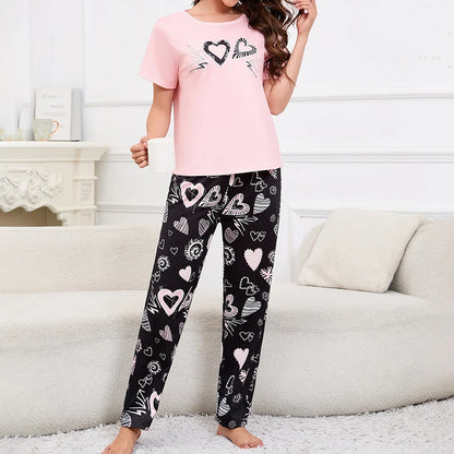 Women's Short Sleeve Crew Neck Top With Shorts And Pants 3 Piece Loungewear Sleepwear Lounge Sets Nighty Print Casual Pajama Set - Smarsty