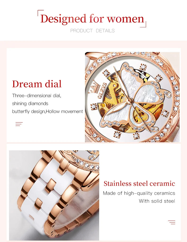 OLEVS Women's Luxury Waterproof Mechanical Watch with Butterfly Dial - Smarsty
