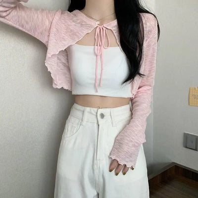 Summer Women Thin Sunscreen Cardigan Lace-up Knitwear Tops Female Korean Style Lantern Sleeve Short Coat Casual Sun Protected - Smarsty