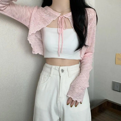 Summer Women Thin Sunscreen Cardigan Lace-up Knitwear Tops Female Korean Style Lantern Sleeve Short Coat Casual Sun Protected - Smarsty
