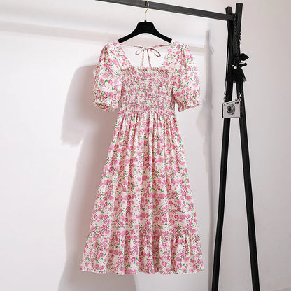 Summer Pleated Women Chiffon Dresses Casual Beach Holiday Short Sleeve Square Collar Woman Midi Dress Bohemian Mujer Vestidos - Smarsty