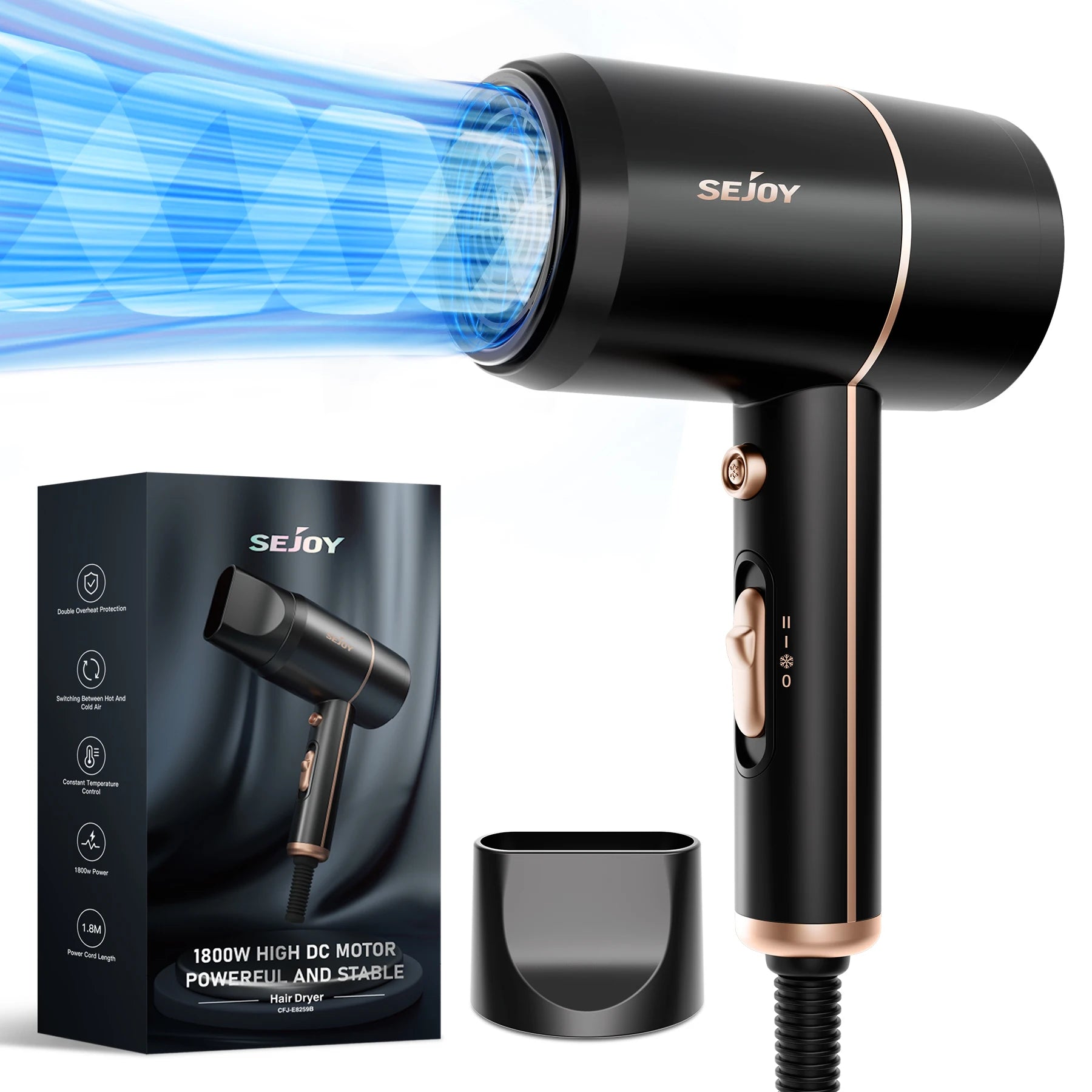 Sejoy 1800W Negative Ion Hair Dryer with Temperature Control - Smarsty