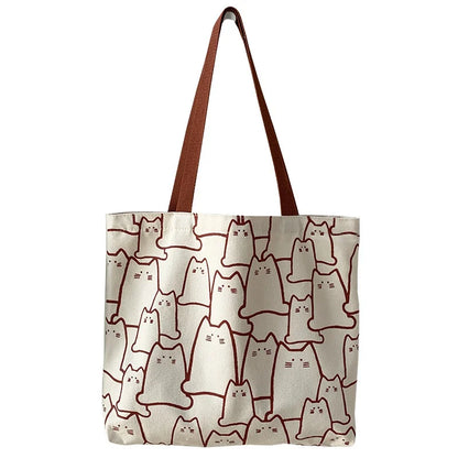 Canvas Cat Tote Bag For Women Zipper Shoulder Designer - Smarsty