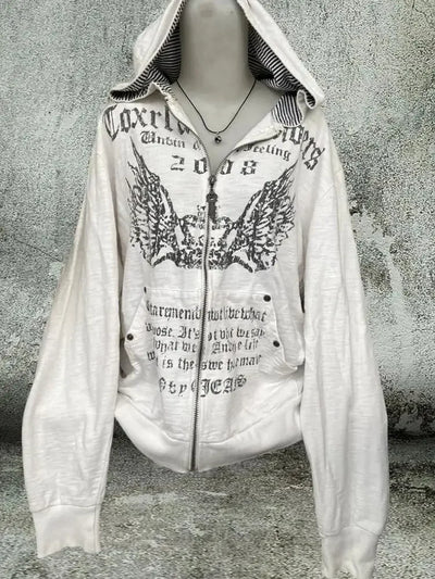 Vintage Sweatshirts 2025 Women's Clothes White Print Tunic Hooded Y2k Coat Streetwear Fashion Casual Hoodies Tops Ropa Mujer - Smarsty