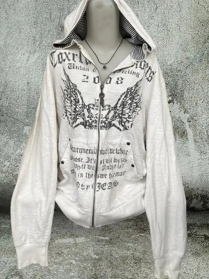 Vintage Sweatshirts 2025 Women's Clothes White Print Tunic Hooded Y2k Coat Streetwear Fashion Casual Hoodies Tops Ropa Mujer