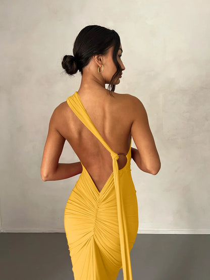 Hugcitar One Shoulder Backless Adjustable Scarf Loop Ruched Sexy Maxi Dress Women Elegant Y2K Streetwear Festival Outfit - Smarsty