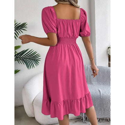 Women's MIidi Dresses 2024 Summer Casual Square Neck Short Sleeved Waist Ruffle Edge Dress Dress Women Elegant Платья Женские - Smarsty