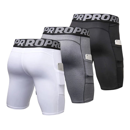 Mens Gym Shorts with Pockets Workout Compression Leggings for Men Polyester Boxer Briefs Running Basketball Athletic Tights - Smarsty