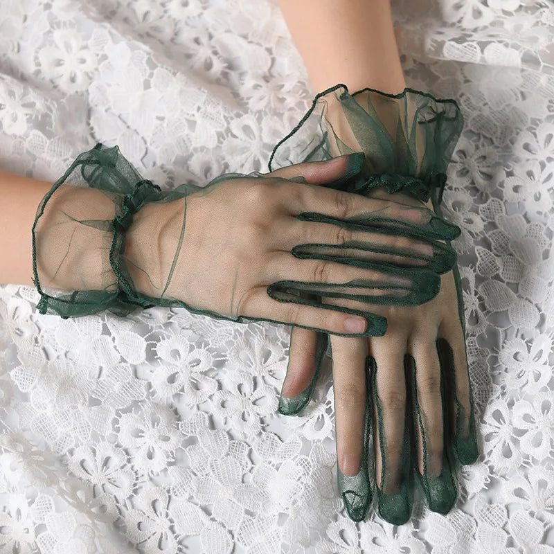 Women Lace Tulle Gloves Stretchy Full Finger Wedding Gloves - Smarsty