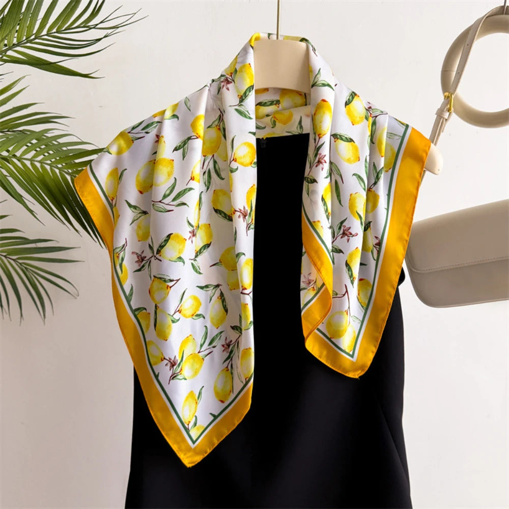 Summer Satin Neck Scarf for Women with Bright Lemon Print - Smarsty