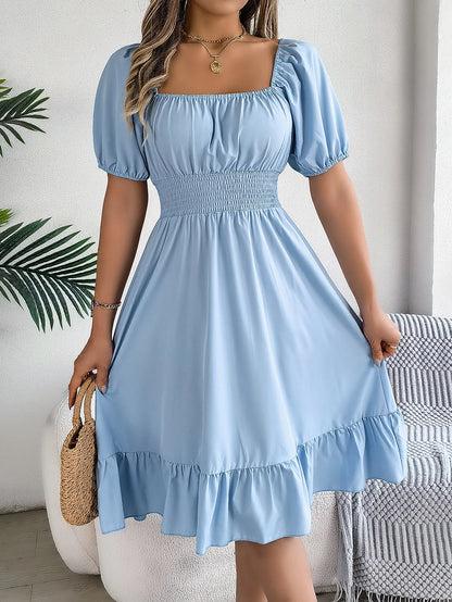 Women's MIidi Dresses 2024 Summer Casual Square Neck Short Sleeved Waist Ruffle Edge Dress Dress Women Elegant Платья Женские - Smarsty