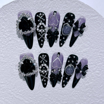 Dark Black Stiletto Press On Nails with Butterfly Design - Smarsty