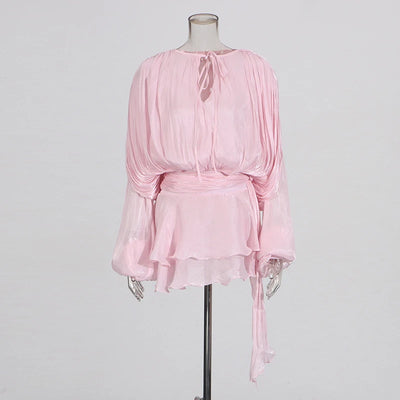 GALCAUR Solid Loose Splicd Lace Up Dresses For Women V Neck Long Sleeves Patchwork Ruffles Tunic Dreses Female Fashio New - Smarsty