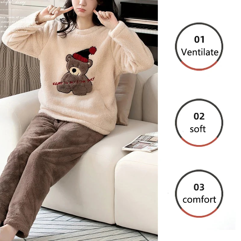 2pcs/Set Large Size Padded Thickened Warm Fall And Winter Women's Pajamas Long-Sleeved Long Pants Set Coral Velvet Cartoon Bear - Smarsty