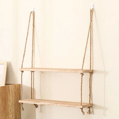 Wooden Floating Shelves for Wall Plant Flower Wood Swing Hanging Rope Storage Home Living Room Decor 1/2/3-tier by Smarsty
