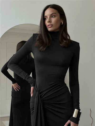 Mozision Turtleneck Thigh High Split Sexy Maxi Dress For Women Fashion Long Sleeve Draped Bandage Bodycon Club Long Dress - Smarsty
