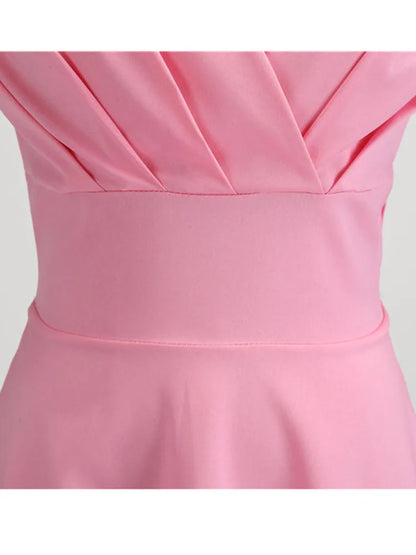 Pink Summer Dress Women V Neck Vintage Robe Elegant Retro pin up Party Office Midi Dresses - Smarsty
