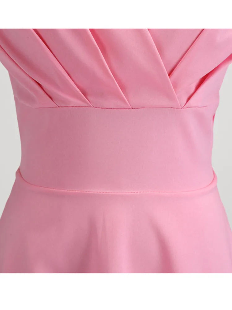 Pink Summer Dress Women V Neck Vintage Robe Elegant Retro pin up Party Office Midi Dresses - Smarsty