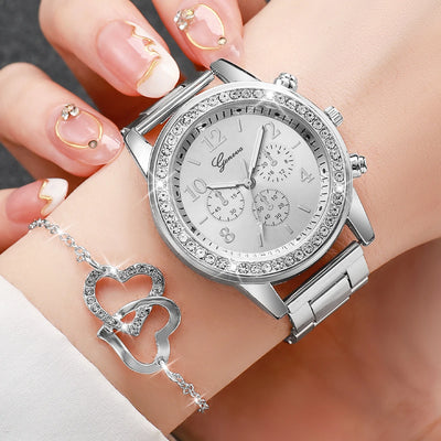 6PCS Women's Rhinestone Quartz Watch Set with Stainless Steel Band - Smarsty