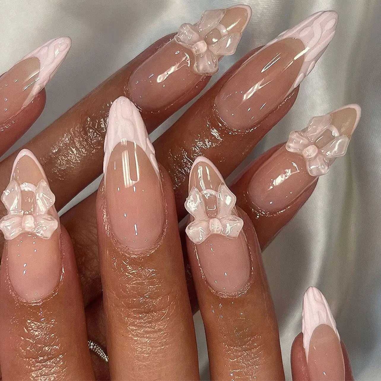 24 Piece Pink Almond Fake Nail Set With Bowknot Design - Smarsty