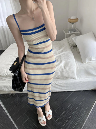 Elegant Camisole Dress for Women's Summer New Sleeveless Slim fit Knitted Striped Mid Length Dresses - Smarsty