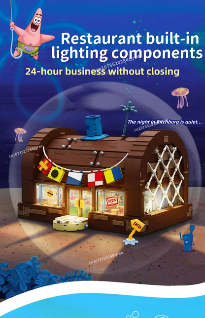 Spongebob building block cartoon Krusty Krab creative restaurant scene model Patrick Star assembly toy children's birthday gift by Smarsty