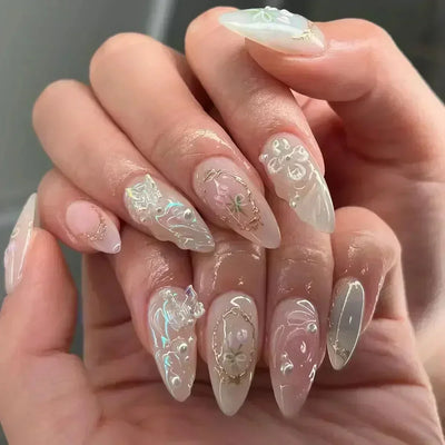 24Pcs Pink Almond False Nails with French Design - Smarsty