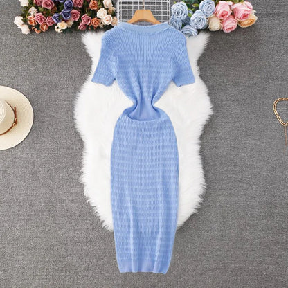 YuooMuoo 2025 New Arrival Women Knitted Long Dress Elegant V-neck Single-breasted Split Sweater Dress Office Lady Vestidos