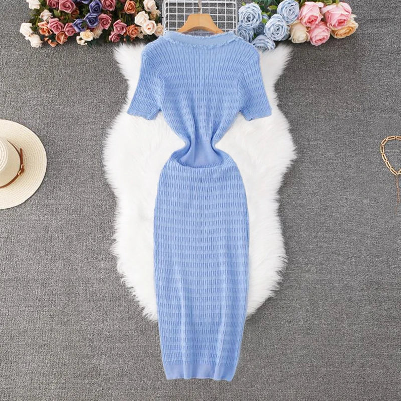 YuooMuoo 2025 New Arrival Women Knitted Long Dress Elegant V-neck Single-breasted Split Sweater Dress Office Lady Vestidos