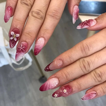 Colorful Press On Almond Nails Set with Pearl Flowers - Smarsty
